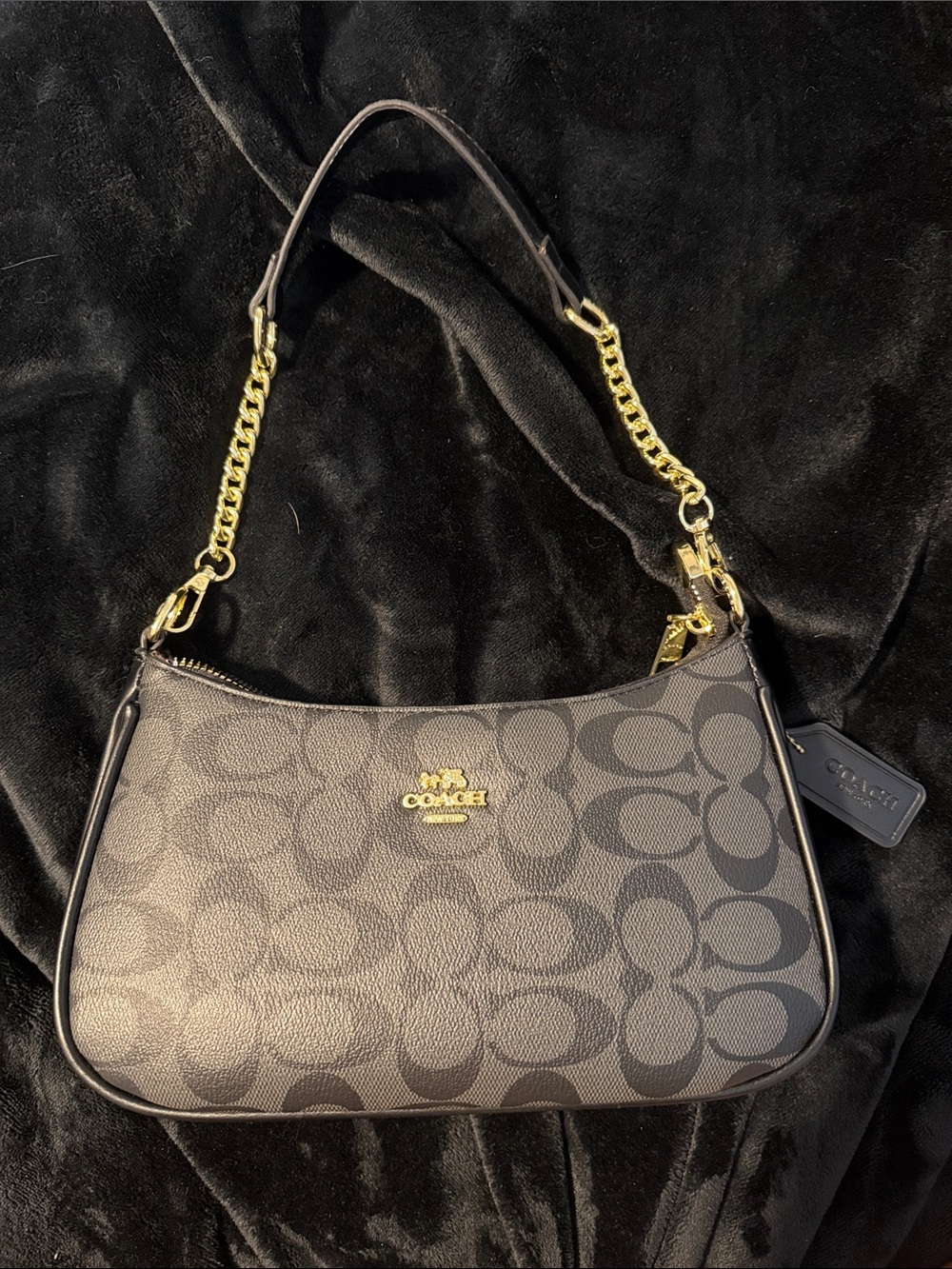Coach Black Signature Canvas Shoulder Bag with Gold Hardware